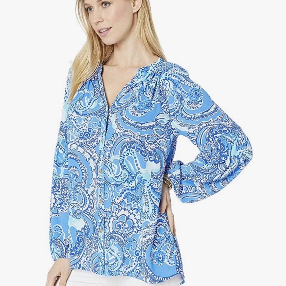 Lilly Pulitzer Anela Top In Coastal Blue Legga Sea Print | L